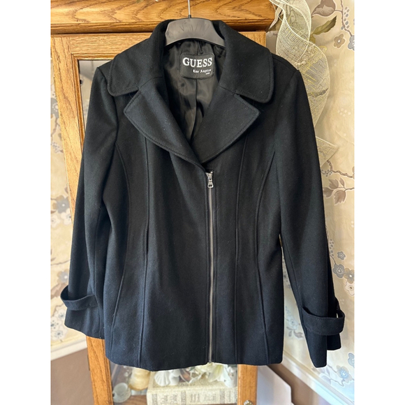 Wool Pea Coat‎ Guess Black Double Breasted Woman's Size Large - Picture 1 of 11